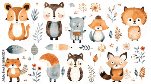 Cute watercolor forest animal set with fox, bear, cervid, raccoon, owl isolated on white background. Hand drawn bohemian floral nature cartoon illustration for children decor, invitation card and post