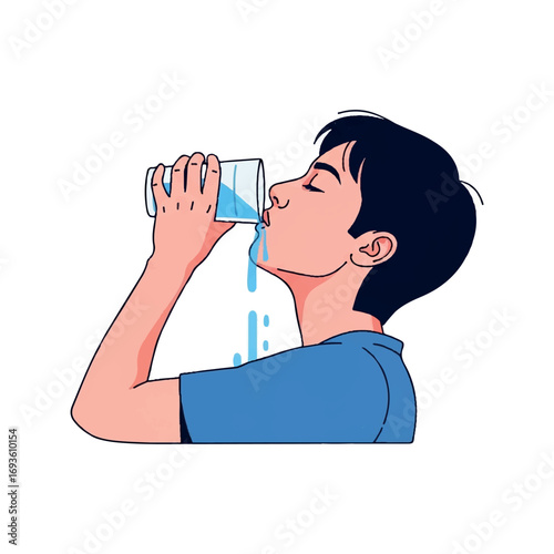 A cartoon boy drinking water from a glass, with water dripping from the glass.