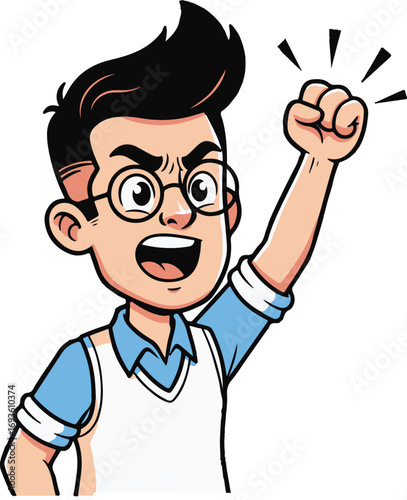 Energetic young man with glasses raises his fist in a triumphant gesture, showing excitement and success
