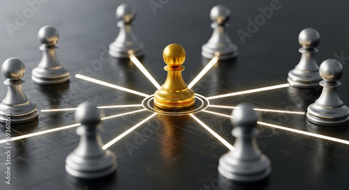 Golden chess pawn leads silver pawns in strategic network, symbolizing leadership and connection.