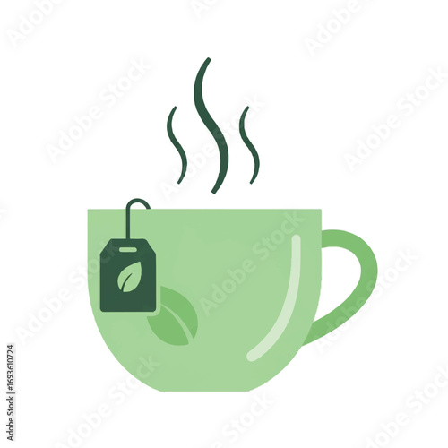 A steaming cup of green tea with a tea bag.