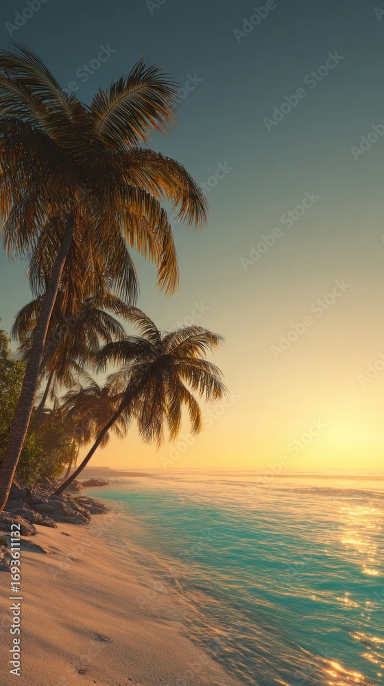 Fototapeta premium Breathtaking Sunset Over Tranquil Beach with Palm Trees and Crystal Clear Water