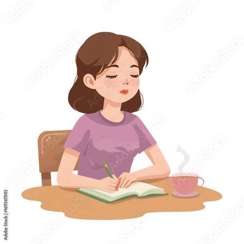 Teen Journaling with Tea – Mindfulness Character Vector