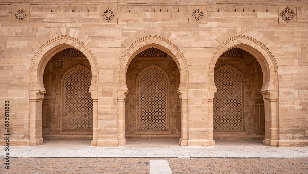 Naklejka premium Ornate islamic architecture facade with three horseshoe arches detailed stone carving