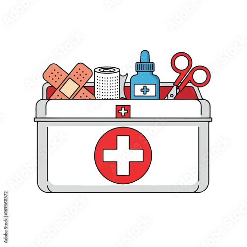 Illustration of a white first aid kit with a red cross, containing bandages, scissors, and a bottle with a dropper.