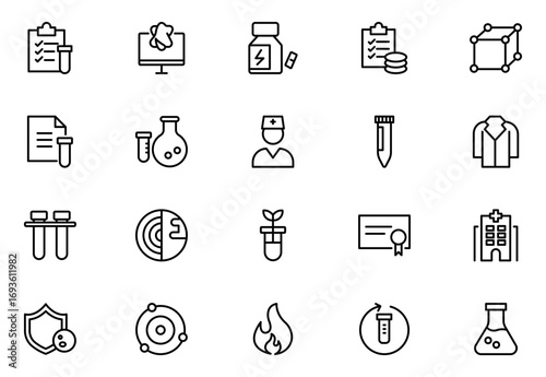 Biotechnology line icons. Includes icons for scientific, innovation, scientist, experiment, microscope, interaction, science. Thin outline icons pack. Vector illustration