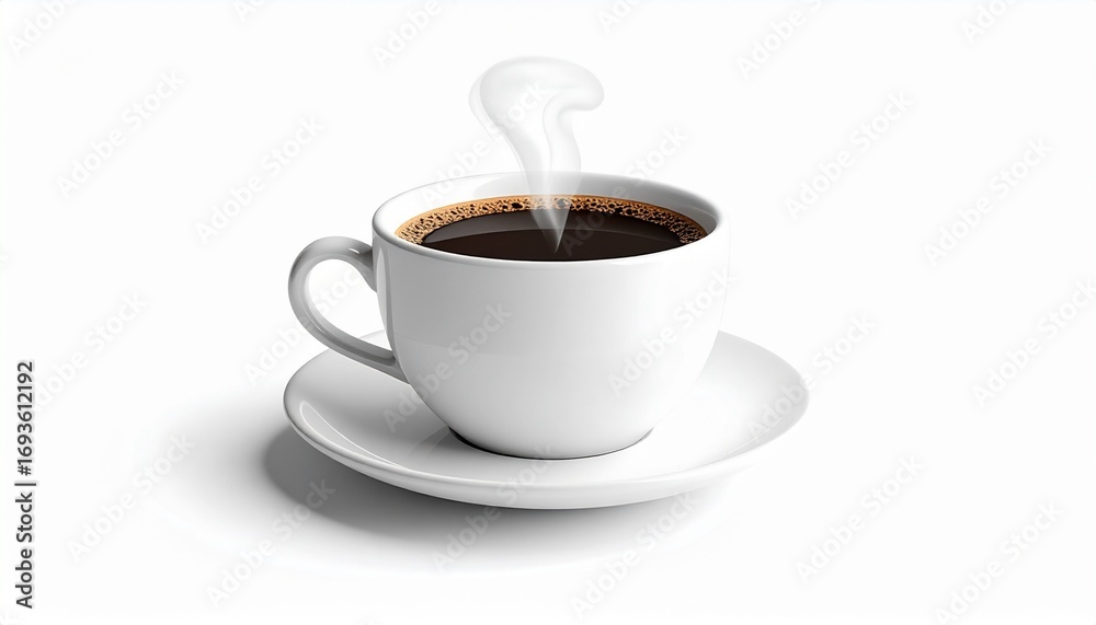 Obraz premium A simple white coffee cup with a hot espresso and saucer sits isolated on a bright background