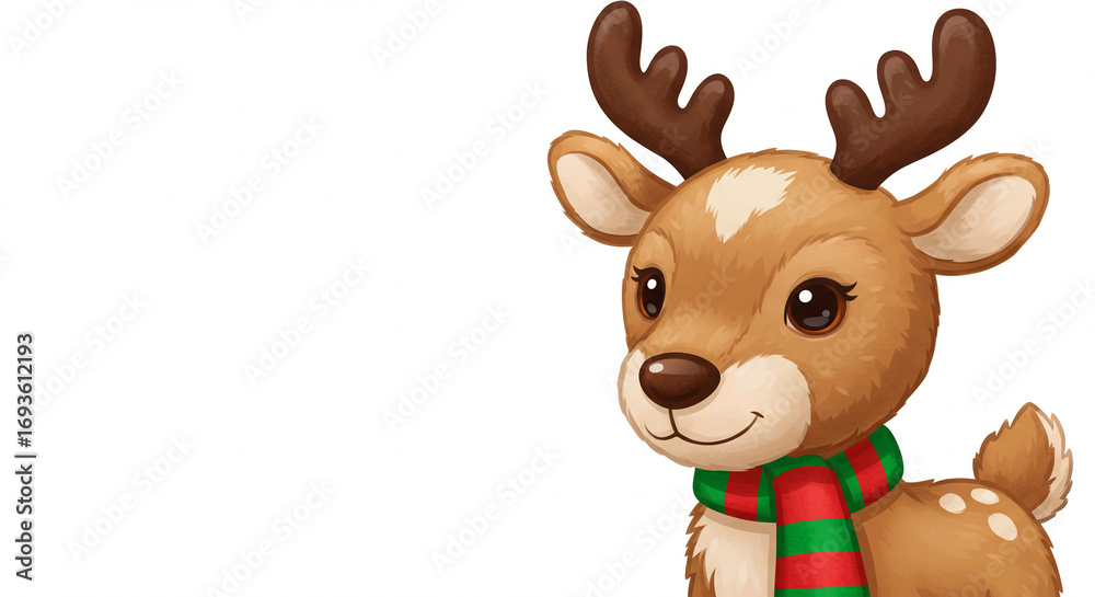 Fototapeta premium Cute reindeer plush toy wearing a festive scarf for Christmas 