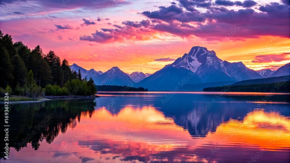 Fototapeta premium Majestic sunset over mountain lake reflecting vibrant colors in the sky near Grand Teton National Park