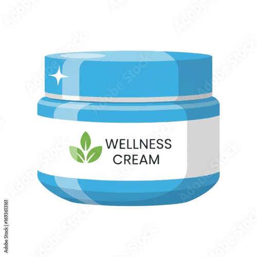Illustration of a blue jar of wellness cream with a white label and green leaf logo.