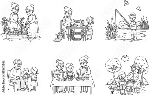 Grandparents and Grandchildren Engaging in Various Activities: Happy Family Bonding Moments and Fun Pastimes Vector Illustration Set.