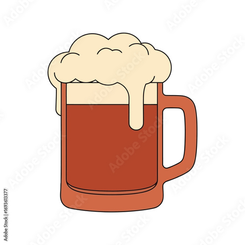 Refreshing amber ale beer mug overflowing with creamy froth beverage drink vector