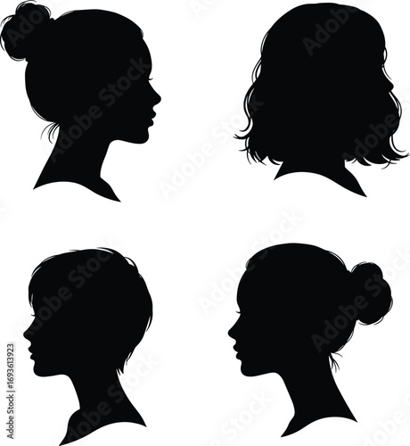 A Collection of Black Silhouettes of Diverse Women's Profiles, Showcasing Various Hairstyles from Buns to Short Haircuts, in Side Views
.