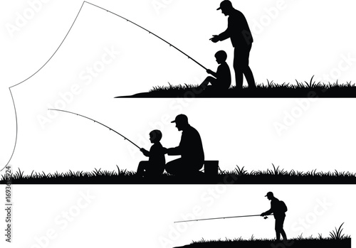 A Collection of Black Silhouettes Depicting People Fishing by a Riverbank with Fishing Rods, Ideal for Outdoor Activities and Family Leisure Concepts
.