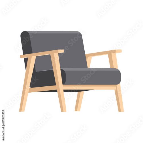Modern mid century armchair with wooden frame and dark grey upholstery isolated vector