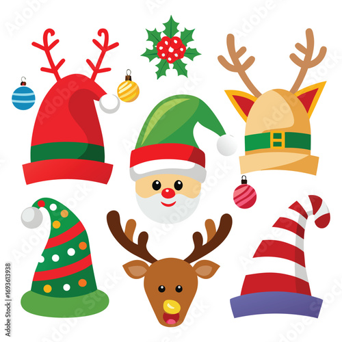 Collection of festive christmas hats and reindeer antlers for holiday fun