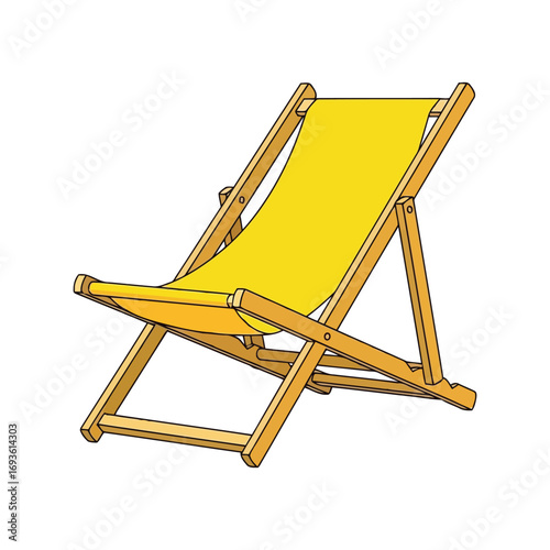 Bright yellow canvas beach chair wooden frame relaxing summer vacation seating vector