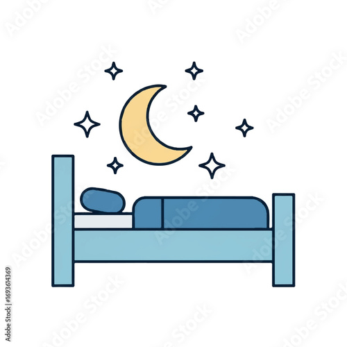 Illustration of a bed with a person sleeping under a blanket, with a crescent moon and stars in the background, representing nighttime.