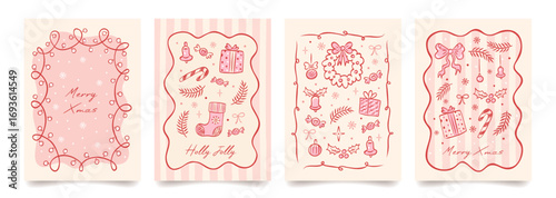 Set of vintage doodle hand drawn Merry Christmas card set. Xmas holiday design with whimsical  borders, Christmas tree, bows, gifts, toys, stars, snowflakes. Vector illustrations for poster, cover.