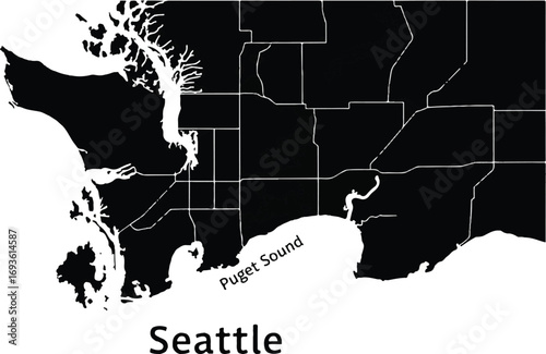 Modern black and white map of Seattle, Washington, with the city name included. A stylish vector for coffee shop branding, tech companies, and travel art.