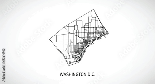 Light gray and white wireframe map of Washington D.C. showing the city's street grid. A modern, technical design for government or tech-related themes.
