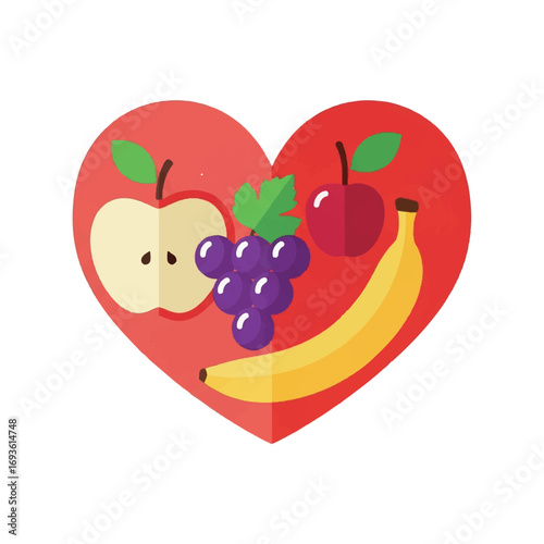 Vector illustration of a heart filled with fresh fruits like apples, grapes, and a banana, symbolizing a love for healthy eating and a nutritious diet