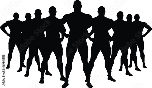 Powerful male bodybuilders posing together in silhouette, capturing fitness, strength, and bodybuilding competition for gym and sports content.