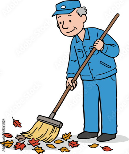 A white-haired old man wearing a cap is sweeping fallen leaves with a broom.
