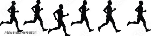 Seven silhouette vectors of men running, capturing various stages of motion, perfect for depicting fitness, marathon, and athletic activities.