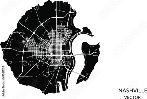 Artistic black and white circular map of Nashville, Tennessee's downtown area. A creative design for music industry branding and tourism promotions.