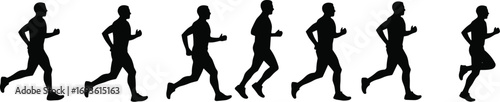 Seven silhouette vectors of men running, capturing various stages of motion, perfect for depicting fitness, marathon, and athletic activities.