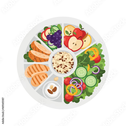 Balanced meal plan: grilled chicken, brown rice, fresh salad, fruit, and nuts.