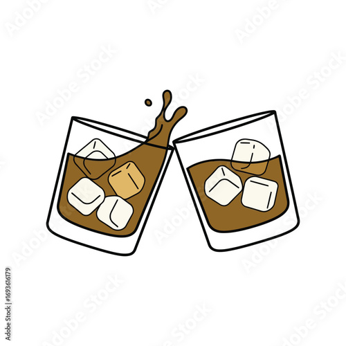 Two glasses of whiskey with ice clinking together celebration toast cheers concept illustration vector