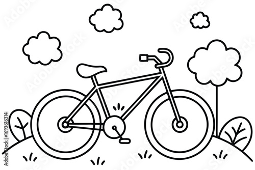 Bicycle parked on a grassy hill with clouds and trees in the background bike cycling