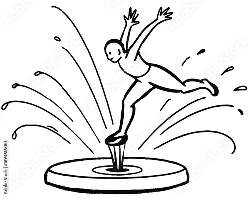 Black and white drawing of a person jumping through a sprinkler on a white background water summer