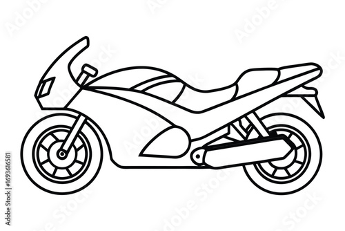 Black and white line drawing of a sports motorcycle on a white background sportbike motorbike