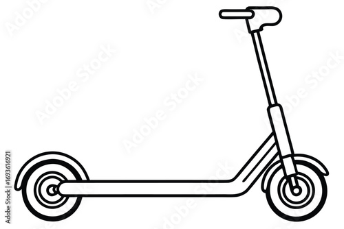 Black and White Outline of an Electric Scooter on White Background Keywords: scooter, electric scooter, kick scooter, personal