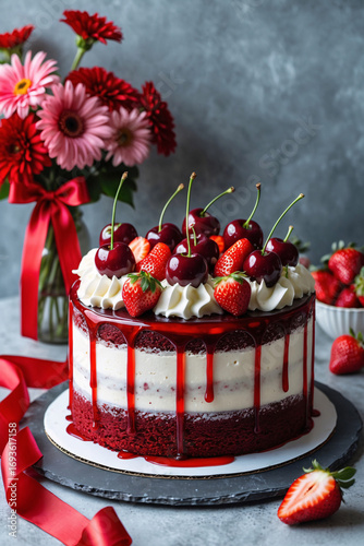 red velvet cake dessert styled for birthday with cherry strawberry toppings and floral decor in pink red vintage background theme birthday wallpaper background