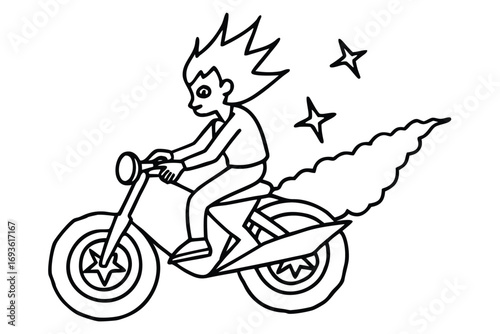 Cartoon character riding a motorcycle with a star trail and smoke rider drawing