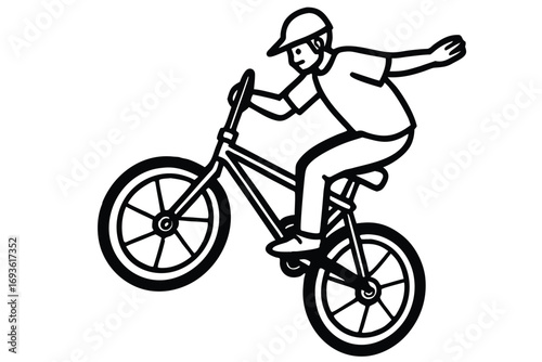 Cartoon line drawing of a person performing a wheelie on a bicycle Keywords: bicycle, bike, wheelie, cycling, sport, action, movement