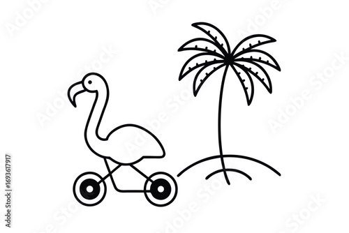 Flamingo on wheels next to a palm tree on an island Keywords: flamingo, bird, animal, wheels, transportation, vehicle, palm tree