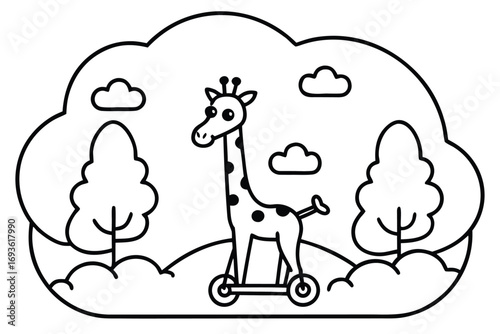 Giraffe on a scooter in a cloud shaped frame with trees Keywords: giraffe, animal, scooter, transportation, vehicle, cloud, frame
