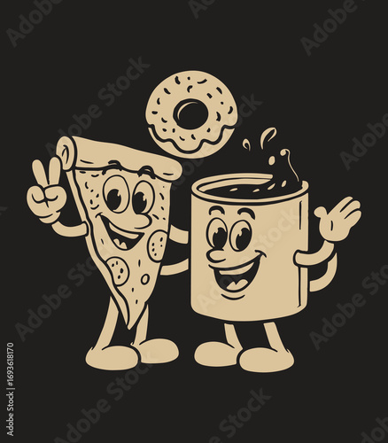  Retro Pizza, Coffee and Donut Mascots – Vintage Cartoon Food Friends Vector Illustration