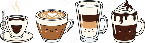Cute Cartoon Coffee Drinks Featuring Latte Art and Whipped Cream
