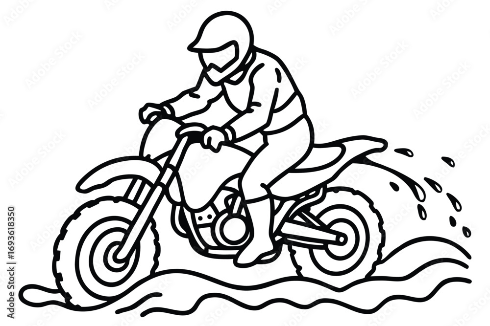 Fototapeta premium Motocross rider on a dirt bike splashing through water and mud Keywords: motocross, rider, dirt bike, motorcycle, off-road, racing