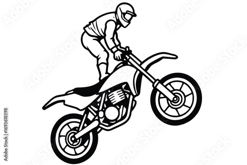 Motocross rider performing a wheelie on a dirt bike in mid-air Keywords: motocross, rider, dirt bike, motorcycle, wheelie, jump, air