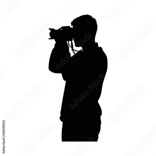 Silhouette of a man taking a photo with a camera isolated on white background