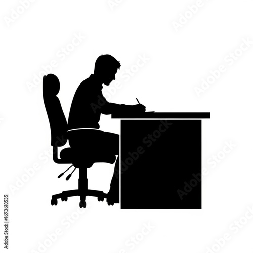Man sitting at desk writing silhouette isolated on white background
