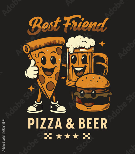 Best Friend Pizza & Beer – Retro Pizza Slice, Beer Mug and Burger Mascot Vector