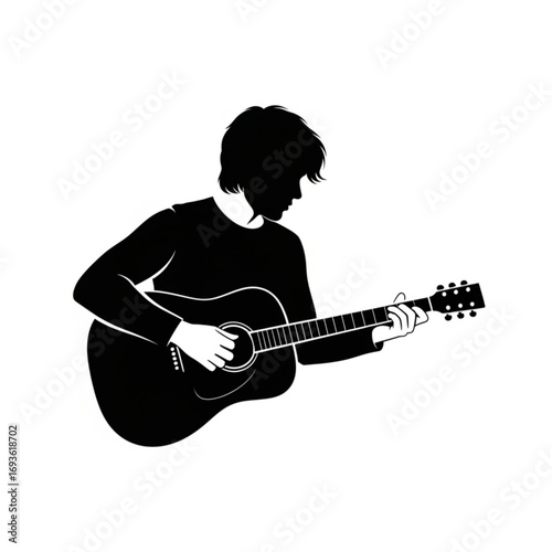 Man playing acoustic guitar silhouette isolated on white background